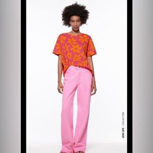 🆕Zara Sz S Women’s S Orange and Fuchsia Floral Printed Cotton Oversized T-Shirt